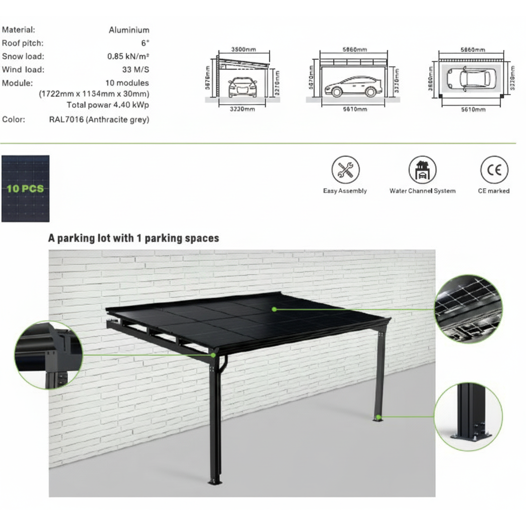 Specifikationer for påbygget enkelt solcellecarport
