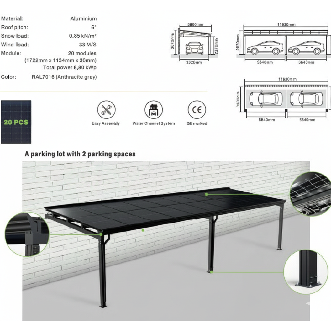 Specifikationer for påbygget dobbelt solcellecarport